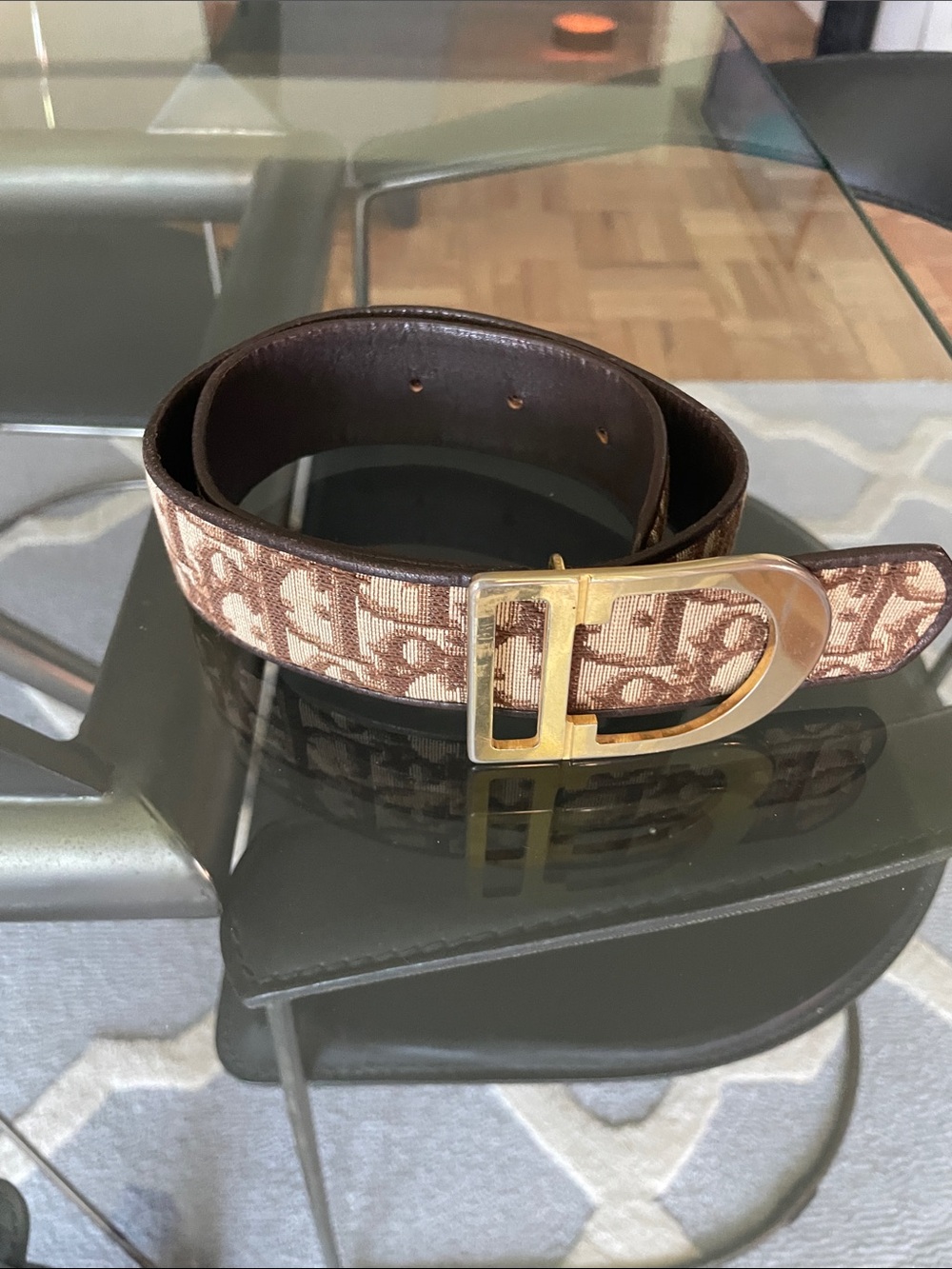Dior Beige and Brown Monogram Belt with Gold D Buckle
